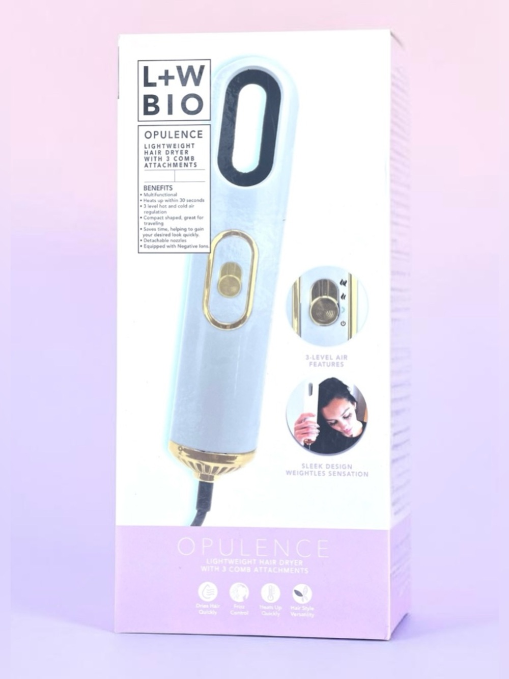 L + W BIO Opulence Lightweight Hair Dryer with 3 Comb Attachments White